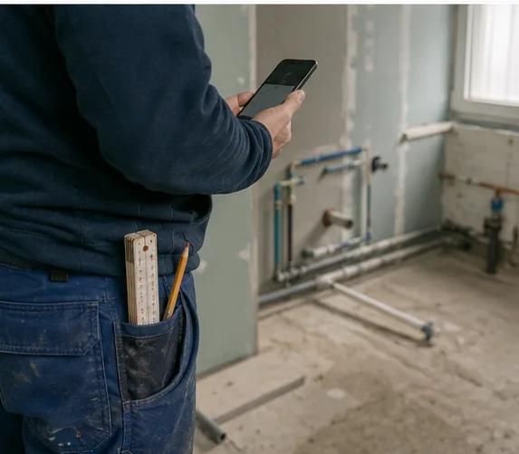 Handwerker erfasst Stunden am Handy auf der Baustelle