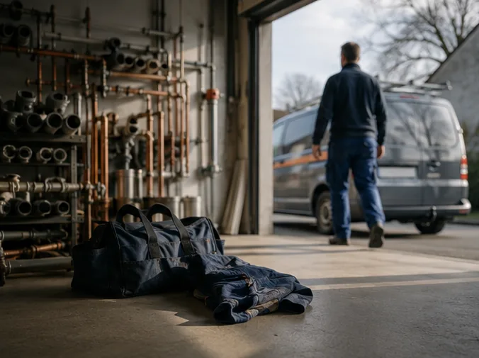 Werkstatt mit Rohrlager, im Hintergrund Handwerker am Transporter